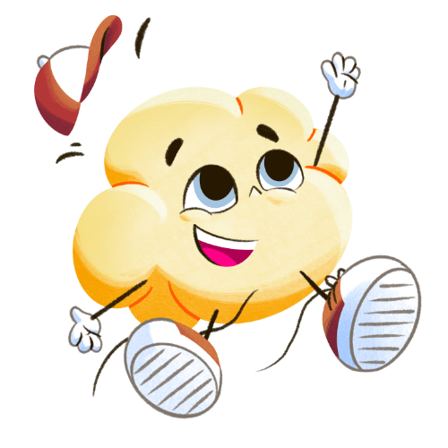 Jimmy Popcorn - Main Character of the children book "Pop Out Loud - First Day Of School" being happy and jumping up.